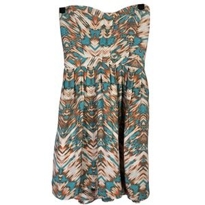 Parker Strapless Smocked Silk Dress Abstract Print Teal Orange XS